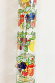 Set vintage sapglazen. 9 retro glazen met fruit decor - France.
