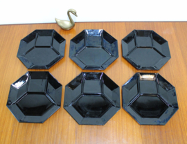 Set zwart glazen vintage fondueborden- Arcoroc -France Octime. 6 retro bordjes