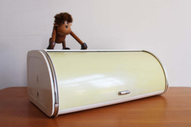 Vintage Brabantia broodtrommel met geel deksel. Groot retro bewaarblik