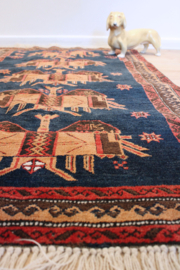 Uniek vintage tapijt. Handgeknoopt Oosters kleedje blauw/oranje