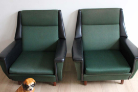 Set groene vintage fauteuils. Retro Mid Century design stoelen.