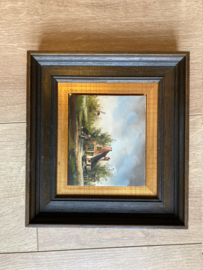 Klein schilderijtje van een boerderijtje + andere voorstelling. Olieverf schilderij op doek