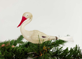 Glazen vintage kerstversiering - zwaan/ooievaar. Antieke vogel op knijpertje