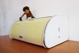 Vintage Brabantia broodtrommel met geel deksel. Groot retro bewaarblik
