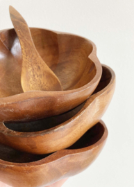 Set teak houten schaaltjes met lepel. 3 vintage bakjes / kommetjes