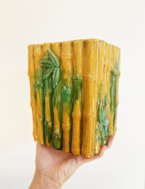 Vintage majolica bloempot. Gele retro Bamboe pot.