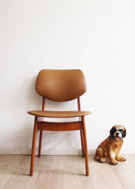 Houten vintage stoel met skai leer. Mid Century eetkamerstoel