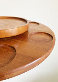 Teakhouten vintage "Lazy Susan' schaal. Retro serveerschaal met 2 lagen