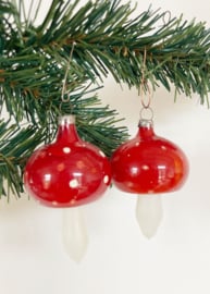 2 glazen vintage kerstballen - paddenstoel. Antieke rood/witte kerstversiering