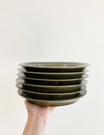 6 groene vintage fondue borden. Set aardewerk retro bordjes.
