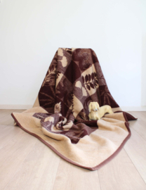 Grote bruin/beige vintage deken van dralon. Tweepersoons vegan sprei/ retro plaid