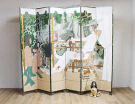 Groot kamerscherm in Art Deco stijl. Houten vintage roomdivider