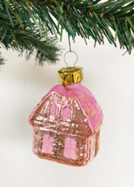 Goud / roze glazen vintage kerstbal - huisje. Retro kerstversiering/ ornament