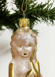 Glazen vintage kerstbal - engel. Retro kerstversiering met goud en glitters