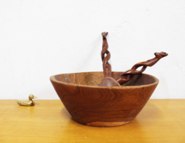 4 teakhouten vintage fondueborden. Set grote bruine retro borden