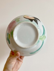 Chinese rijstkom met haan decor.  Aardewerk vintage schaal / rooster bowl / hanen kom