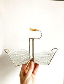 Set glazen vintage onderzettertjes in houder. 8 glazen retro onderzetters