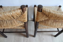 Set houten vintage stoelen met biezen zitting. Charlotte Perriand stijl - Eichholtz?