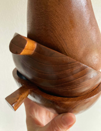 Set teak houten schaaltjes, 2 appels en een peer. Drie vintage fruit bakjes