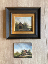 Klein schilderijtje van een boerderijtje + andere voorstelling. Olieverf schilderij op doek