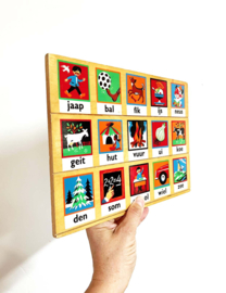 Houten vintage leesplankje - Simplex. Retro prent met woordjes