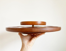 Teakhouten vintage "Lazy Susan' schaal. Retro serveerschaal met 2 lagen