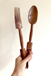 Houten vintage slabestek, Afrikaans? Handgemaakte lepel en vork.