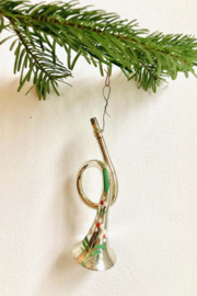 Glazen vintage kerstbal - trompet. Antiek zilveren kerst ornament