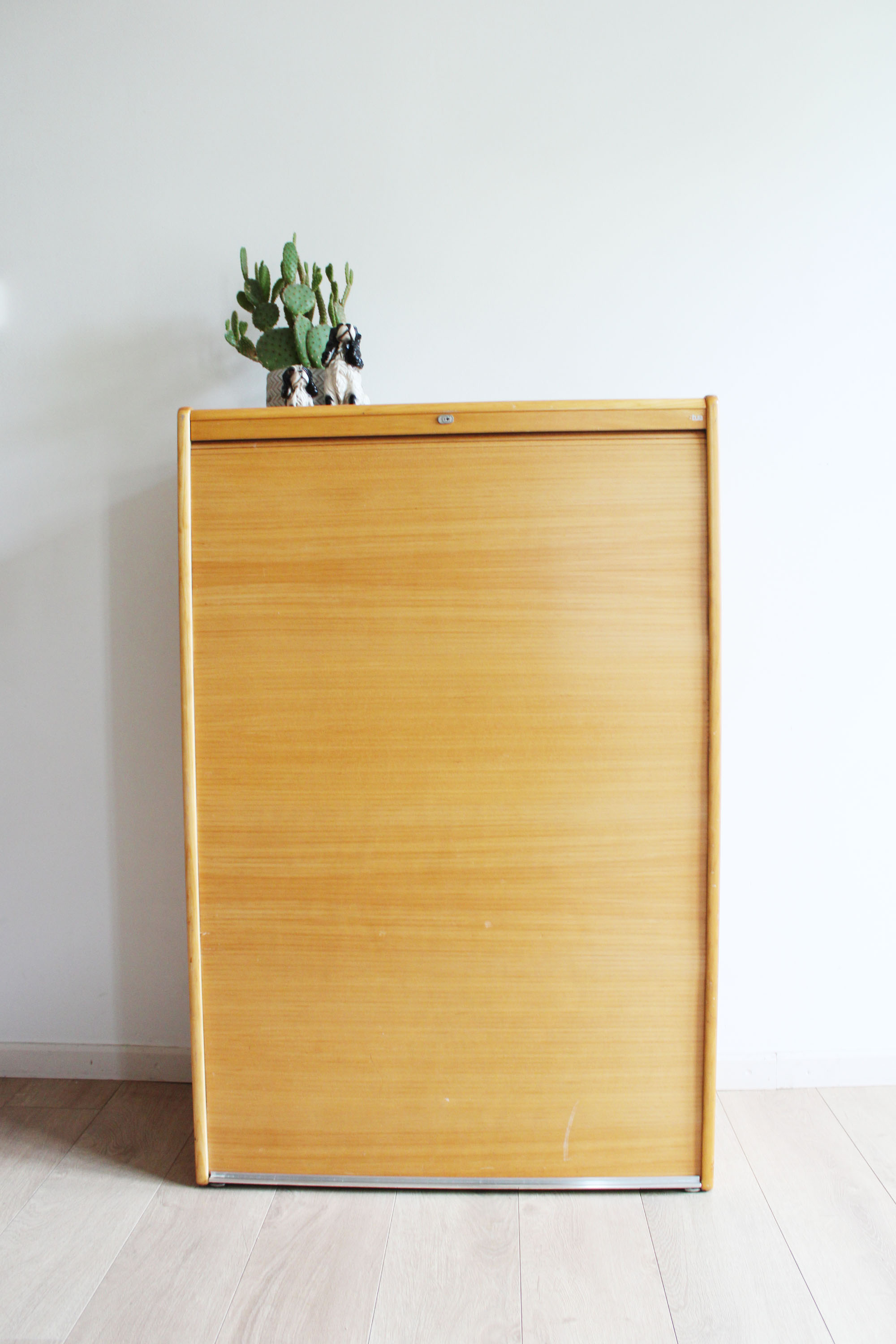 Vintage kast met roldeur. Houten retro school / archiefkast