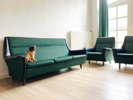 Groen / zwarte vintage bank met 2 fauteuils.  Retro design zithoek