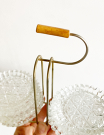 Set glazen vintage onderzettertjes in houder. 8 glazen retro onderzetters