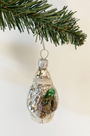 Glazen vintage kerstbal - kerstman, no 2. Antieke zilveren kerstversiering