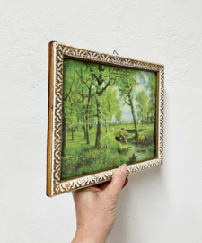 Vintage 'schilderijtje' met landschap en koeien. Retro prent in lijst.