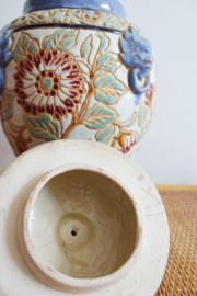 Grote aardewerk vintage pot met deksel.  Blauwe Oosterse vaas / dekselvaas
