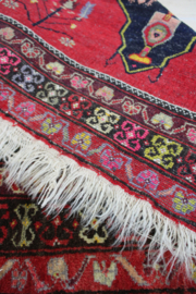 Handgeknoopt Oosters kleedje rood/blauw. Uniek vintage tapijt