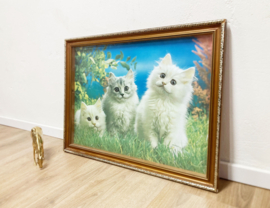 Grote vintage 3D prent met poesjes  in lijst. Retro katten poster.