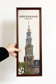 Vintage borduurwerk, Westertoren - Amsterdam. Geborduurd 'schilderij', kerktoren