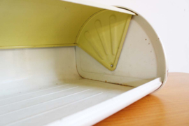 Vintage Brabantia broodtrommel met geel deksel. Groot retro bewaarblik