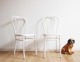 Set metalen vintage stoeltjes in de stijl van Thonet. Witte retro cafe stoelen