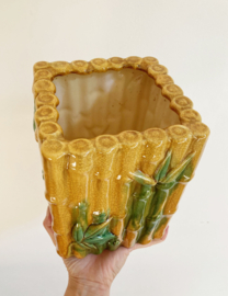 Vintage majolica bloempot. Gele retro Bamboe pot.