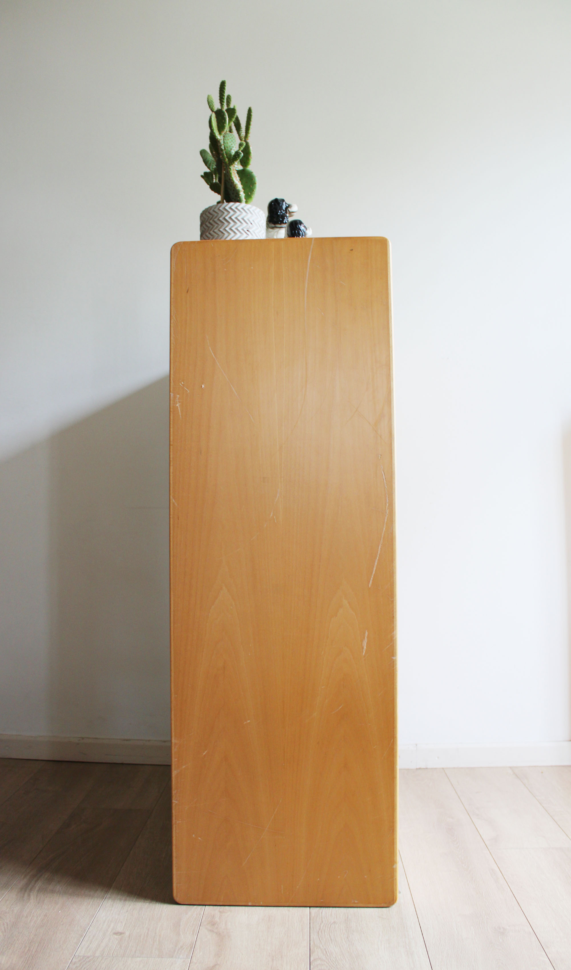 Vintage kast met roldeur. Houten retro school / archiefkast
