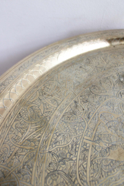 Authentiek Oosters vintage tafeltje. Koper/messing dienblad op houten onderstel