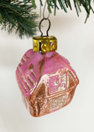 Goud / roze glazen vintage kerstbal - huisje. Retro kerstversiering/ ornament