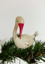 Glazen vintage kerstversiering - zwaan/ooievaar. Antieke vogel op knijpertje