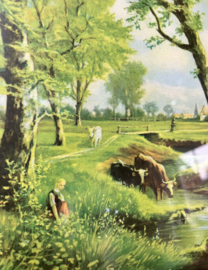 Vintage 'schilderijtje' met landschap en koeien. Retro prent in lijst.