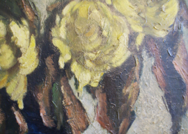 Groot expressief bloemstilleven in lijst. Olieverf schilderij op doek met chrysanten