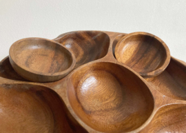 Houten vintage schaal met 2 bakjes. Boho bord met vakken / snackschaal