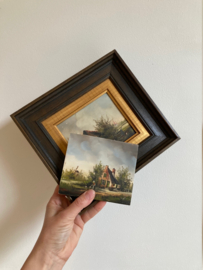 Klein schilderijtje van een boerderijtje + andere voorstelling. Olieverf schilderij op doek