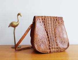 Vintage krokodillen lederen tas. Boho schoudertas met vakken, krokodil?