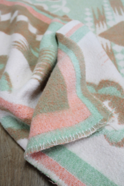 Roze / mintgroene wollen vintage deken. Retro sprei - 160 x 206 cm